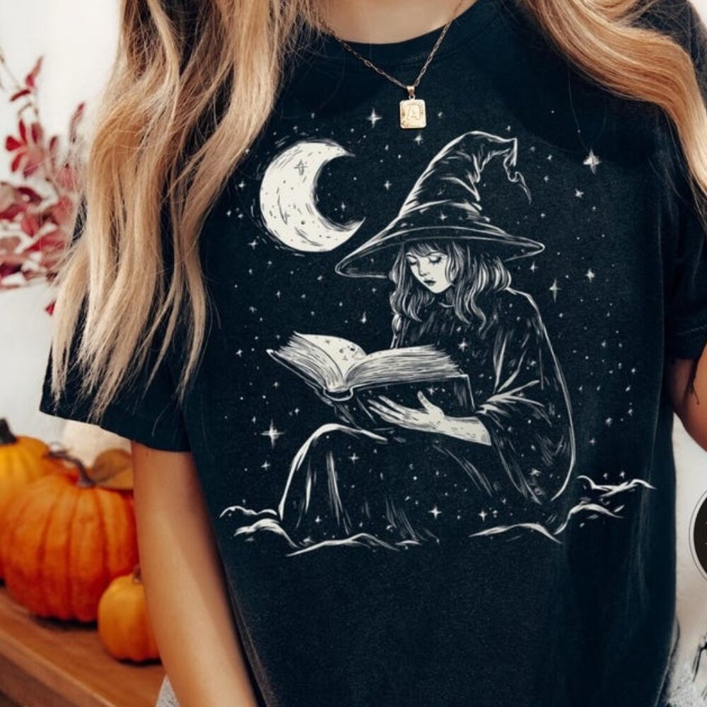 Mystical Book Reading Witch T-Shirt | Boho Bookish Tee